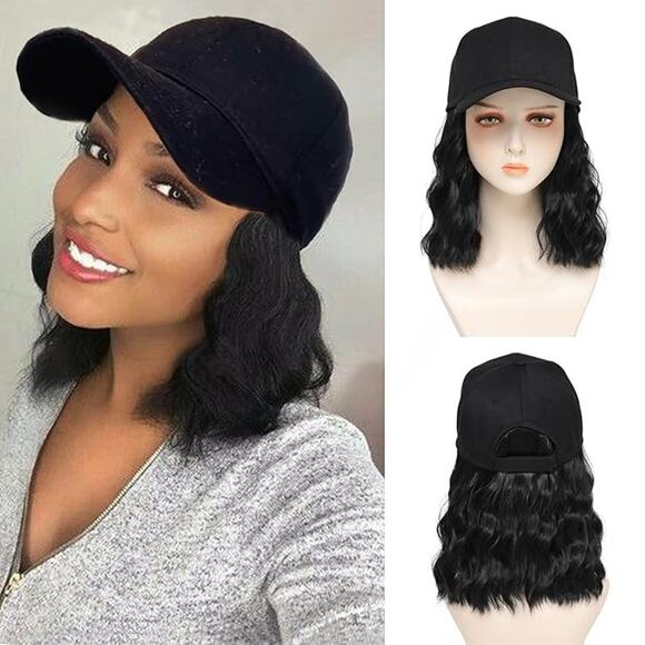 NWT ~ Black Adjustable Baseball Cap with Black Wavy Hair Extensions 10" Wig Hat - Picture 1 of 3